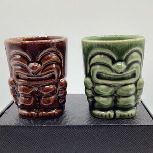 Two Tiki Bar Totem Shot Glasses Green & Brown 2.25" Height‎